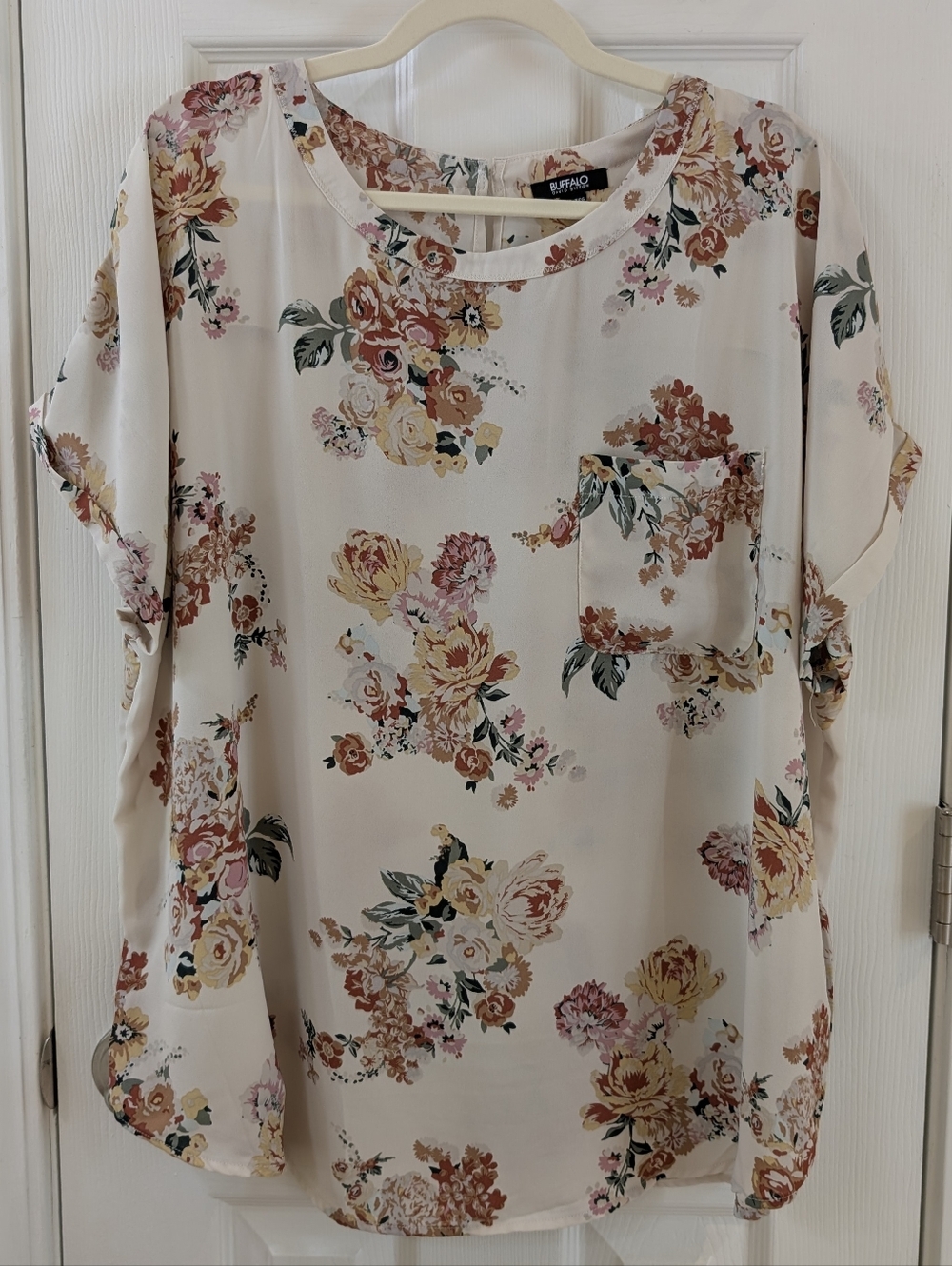 Buffalo David Bitton Cream Floral Pocket Blouse with Pink & Yellow Accents